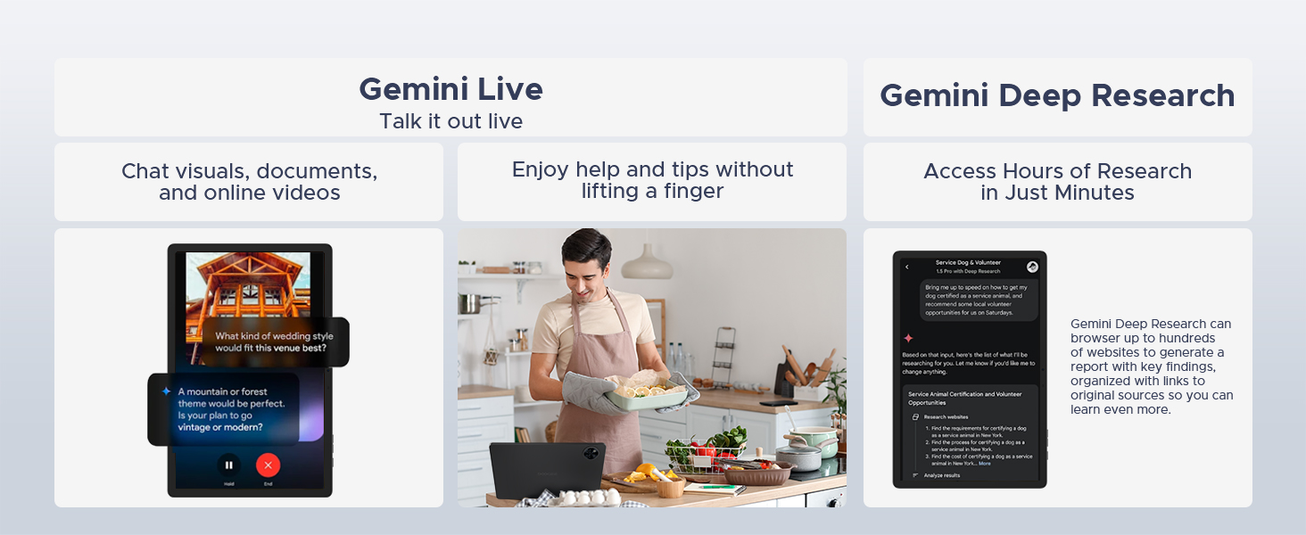 Text: 'Gemini Live' and 'Gemini Deep Research'. Marketing banner showing interface screens and product features for AI software platform.