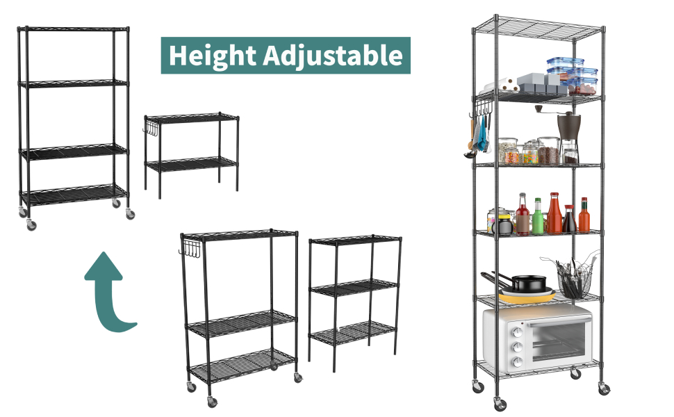 Himimi 6Tier Standing Storage Shelf with Wheels, Height Adjustable