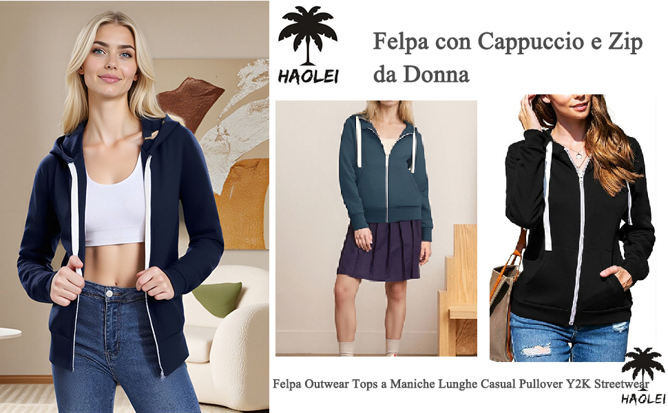 Il testo recita 'Felpa con Cappuccio e Zip da Donna'. Tre immagini del prodotto che mostrano felpe con cappuccio e zip blu marino con tasche frontali.