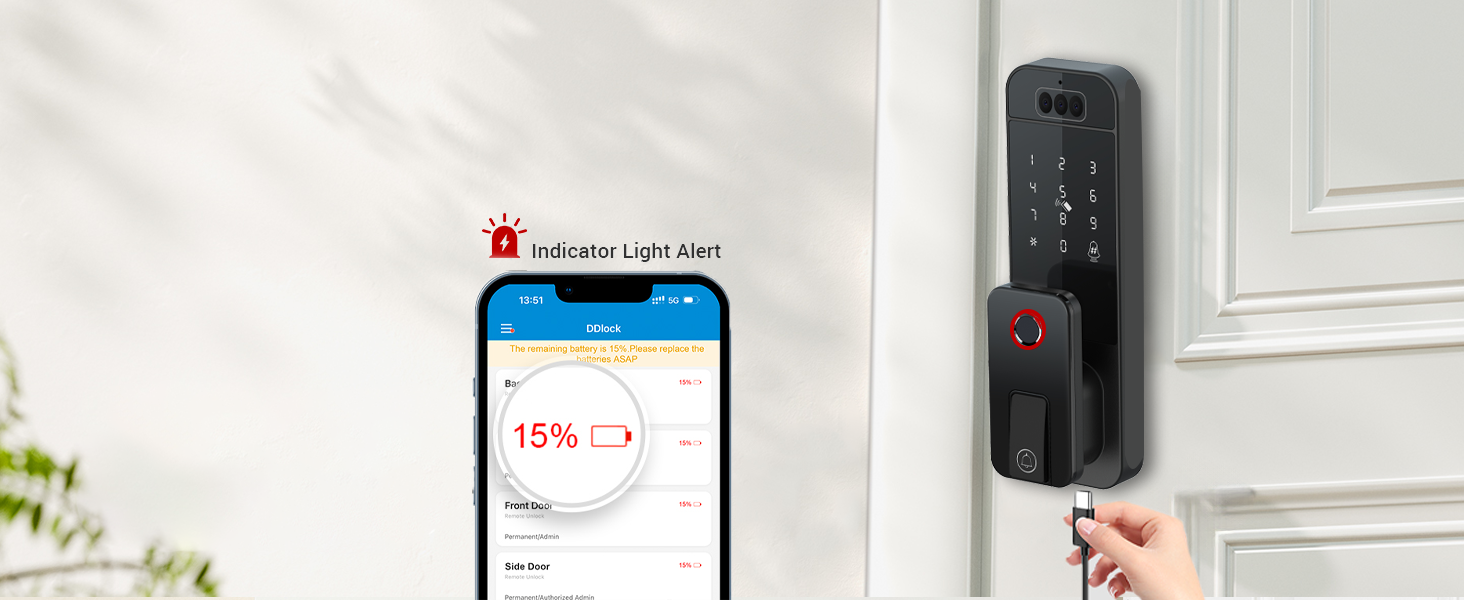 Smart door lock, low battery alert, indicator light, app notification, USB charging