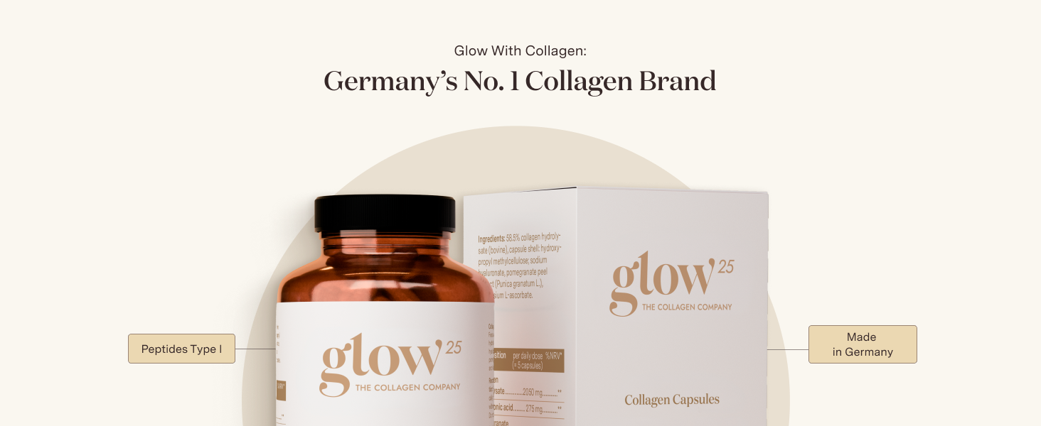 Text reads 'Glow' on product packaging. Beauty or skincare product shown with amber glass bottle and white packaging elements.