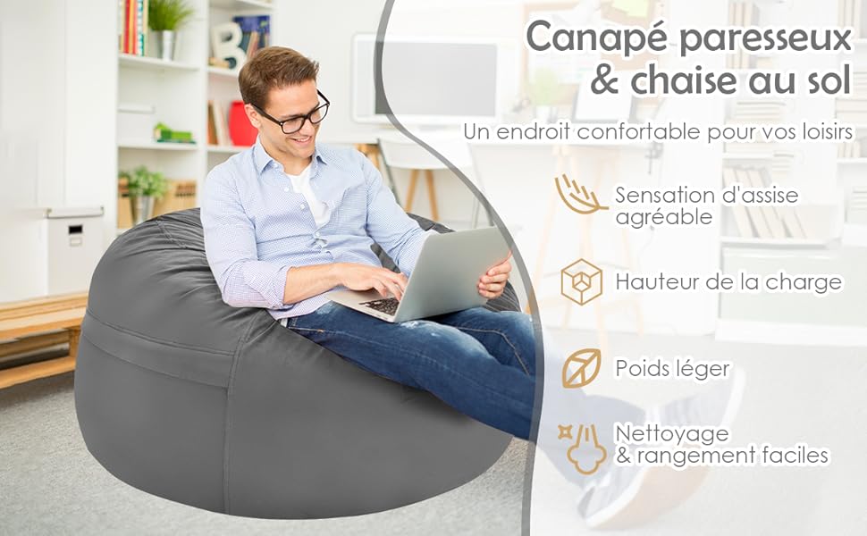 RELAX4LIFE Pouf Géant En Forme De Poire Avec Remplissage D’Éponge, Pouf Poire Avec Housse En Peluche Courte à Fermeture Éclair, Pouf Confortable, Capacité De Charge 150 KG, Pour Salon/Terrasse (Gris) 13 1