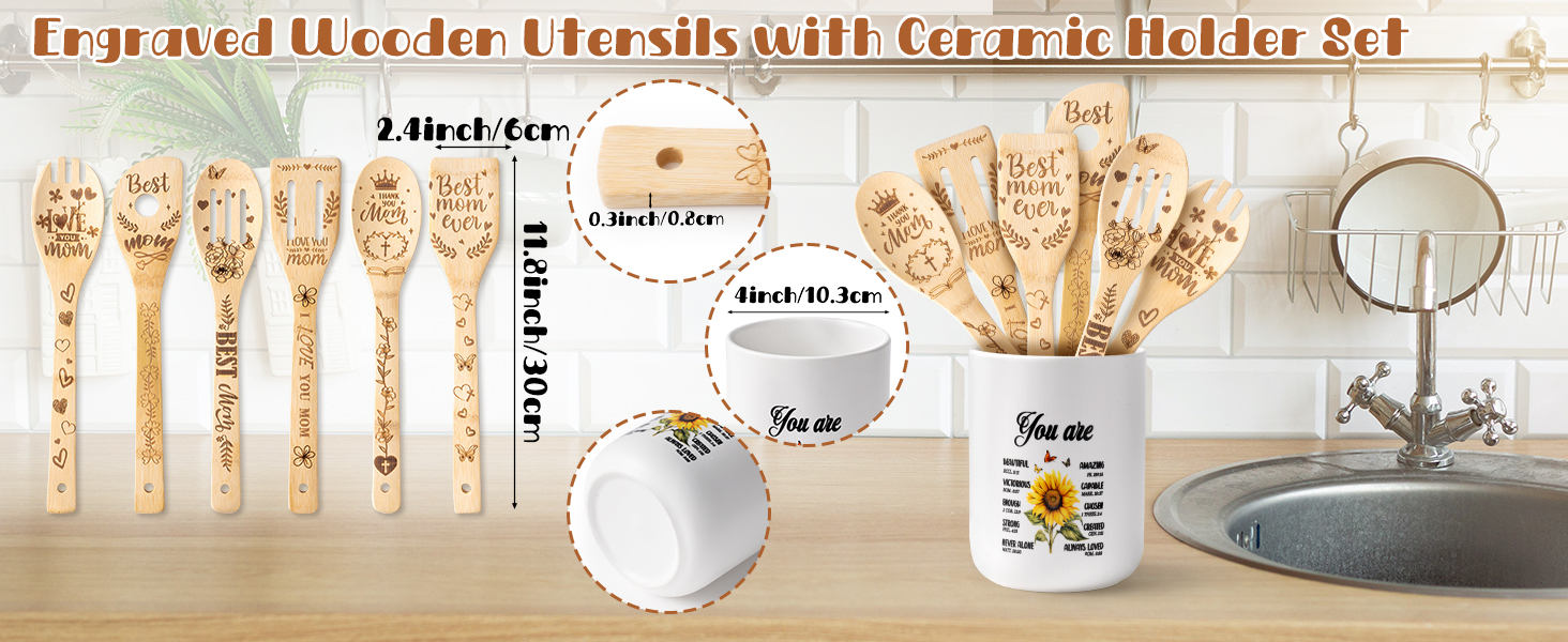 Sunflower Ceramic Utensil Holder with 6 Wooden Spoons Spatulas Set