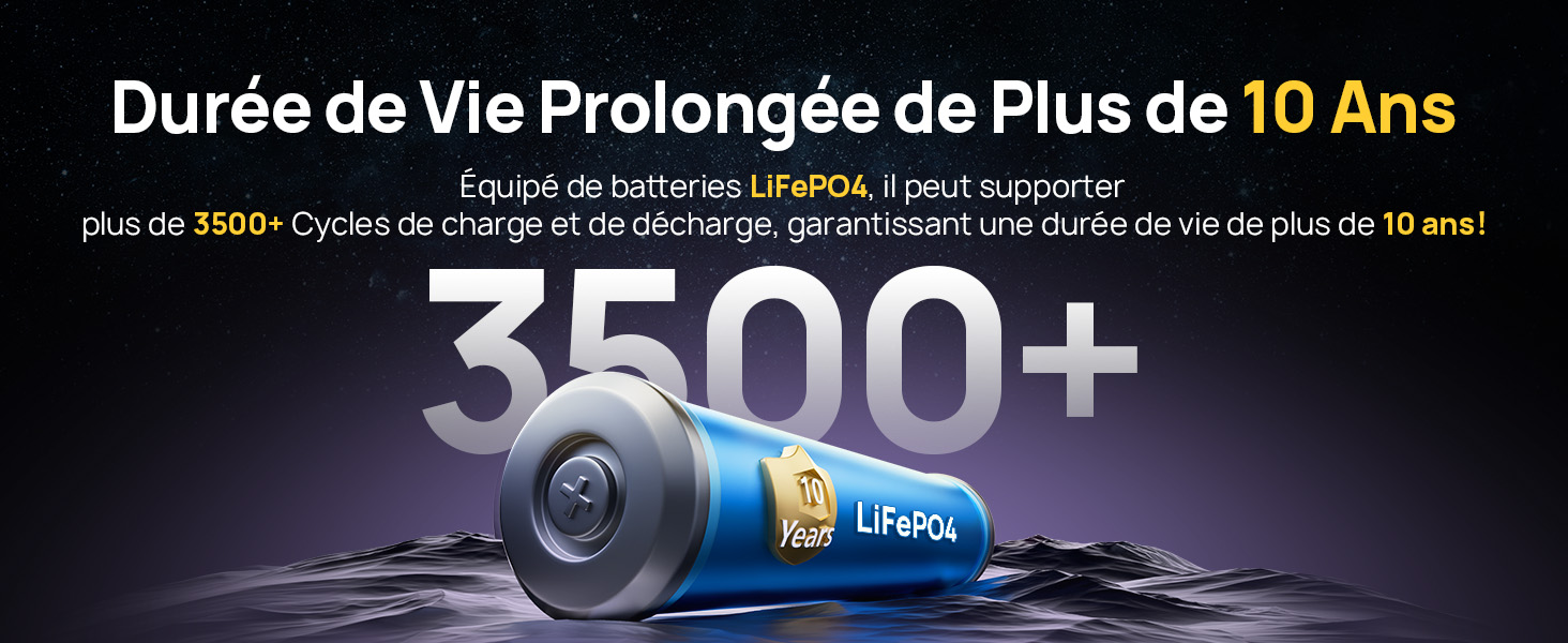 Grande batterie cylindrique bleue avec superposition de texte « 3500+ ». L'image met en évidence une durée de vie prolongée de plus de 10 ans et plus de 3 500 cycles de charge-décharge,