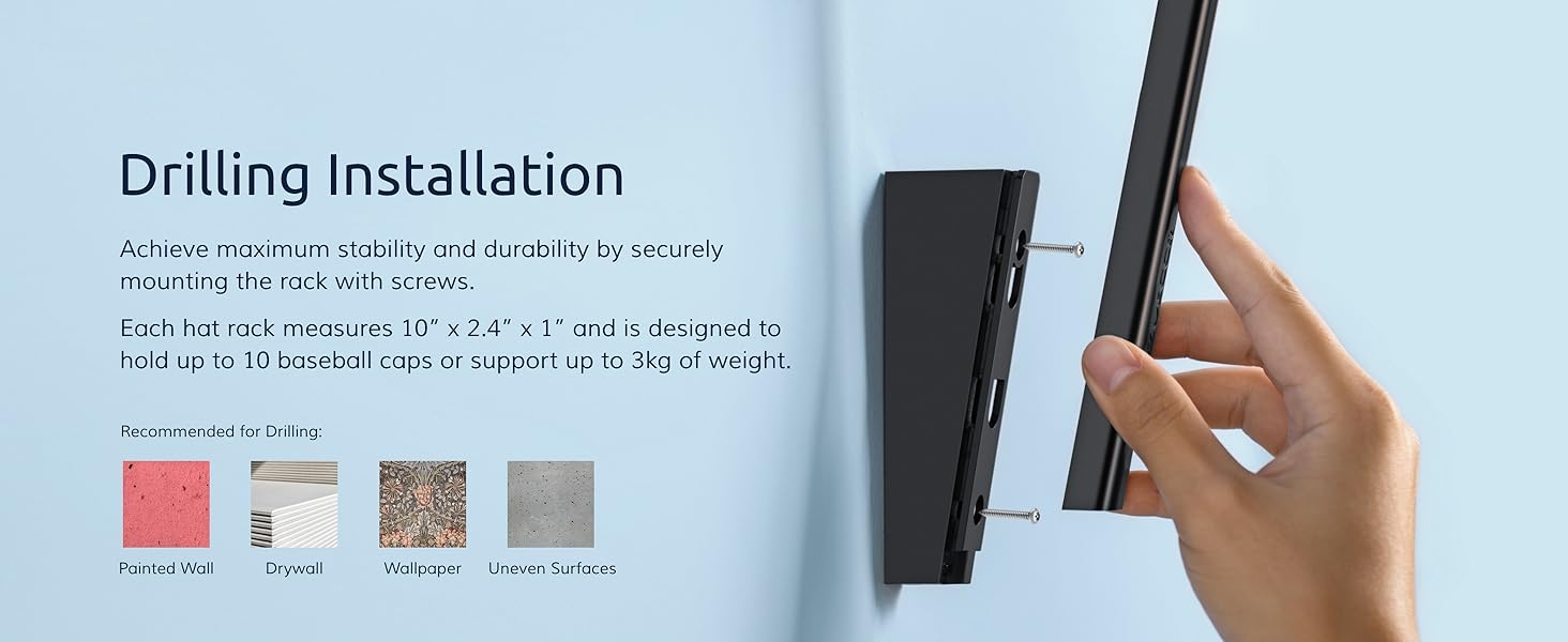 Easy wall mounting instructions on how to install a hat rack that holds 10 caps or 3kg of weight