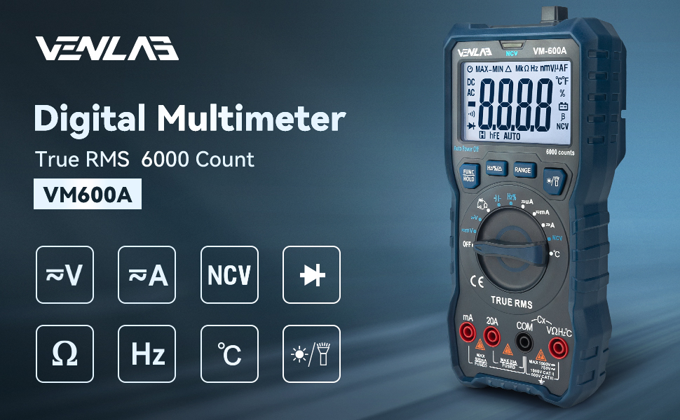 VENLAB Digital Multimeter, TRMS 6000 Counts AutoRanging 20A Amp Meter
