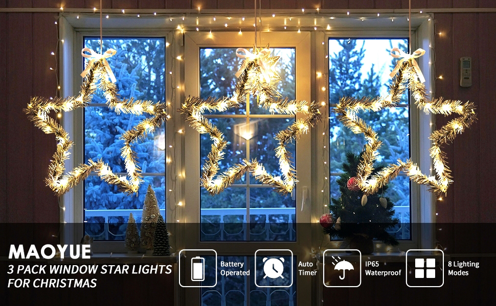 MAOYUE Christmas Window Lights 3 Pack Christmas Star Lights with Snow