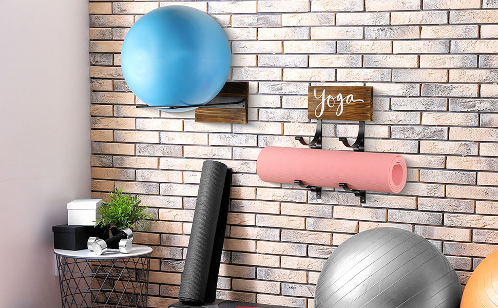 MyGift Yoga Mat and Stability Ball Holder Rustic Burnt