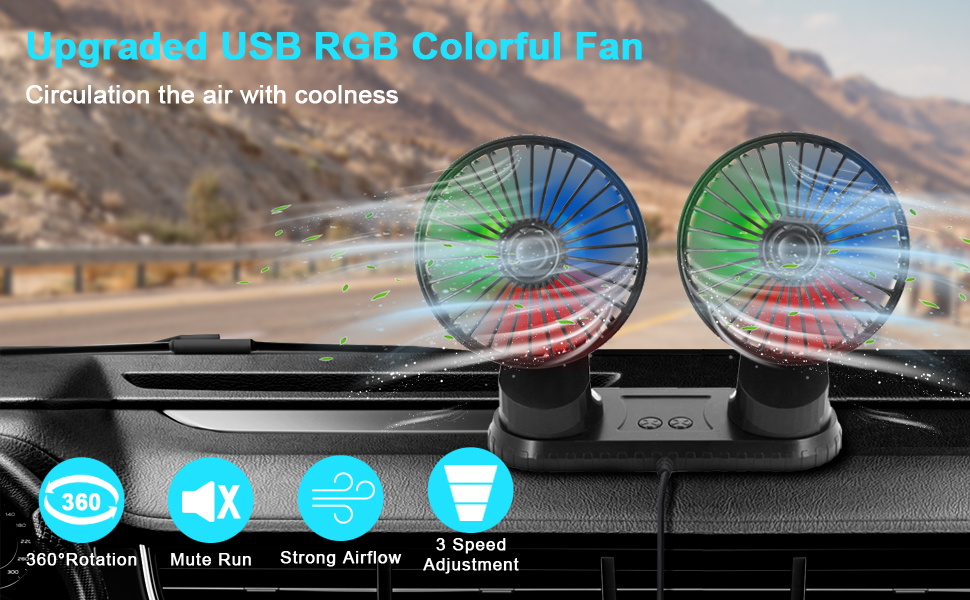 Car Fan Dual Head USB Fan for Car, Portable Vehicle