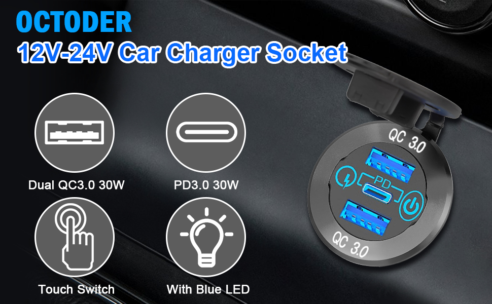 12V 60W USB C Car Charger Socket, 30W PD TypeC & 30W Dual