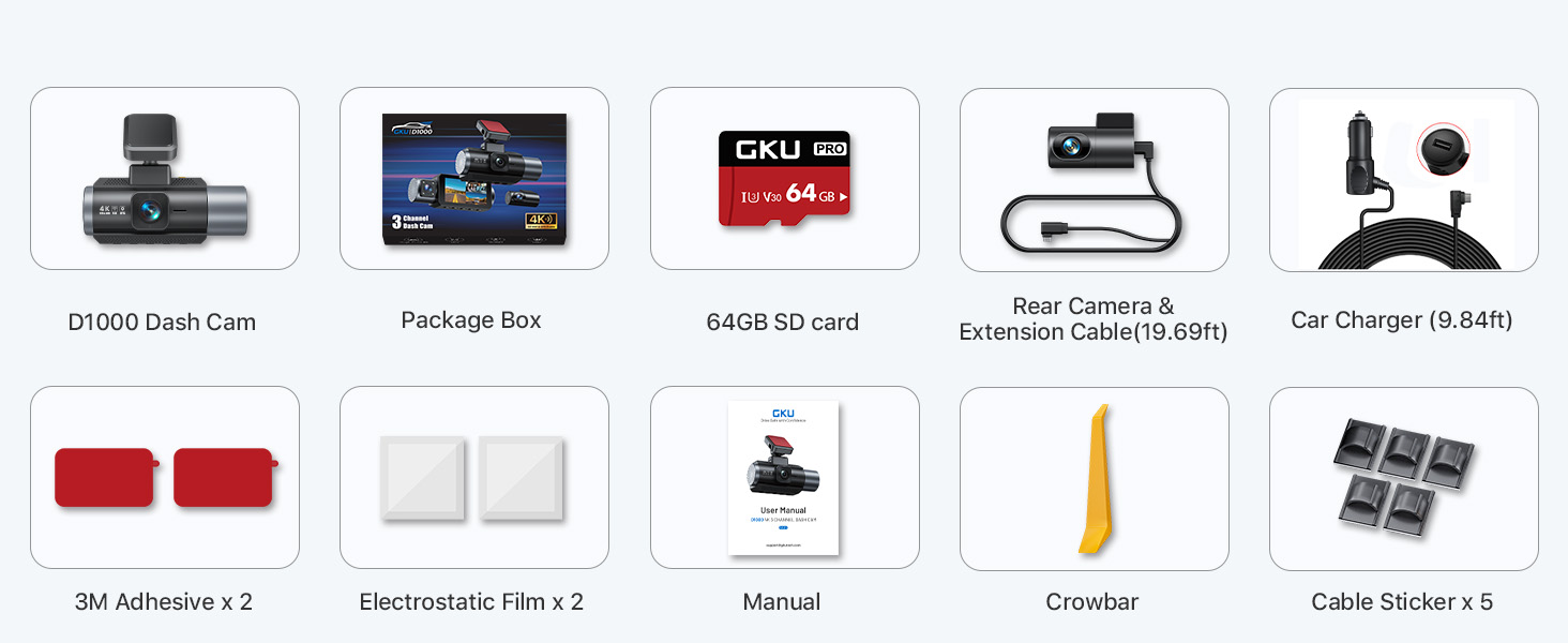 Product accessory kit layout showing multiple components including camera, charger, memory card, and various mounting accessories arranged in grid format.