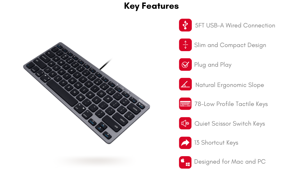 Macally Small USB Wired Keyboard for Mac and Windows 78