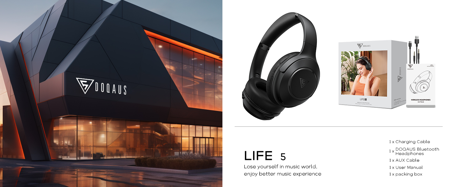 1x Charging Cable, 1x DOQAUS Bluetooth Headphones. 1x AUX Cable, 1x User Manual, 1x Packing Box