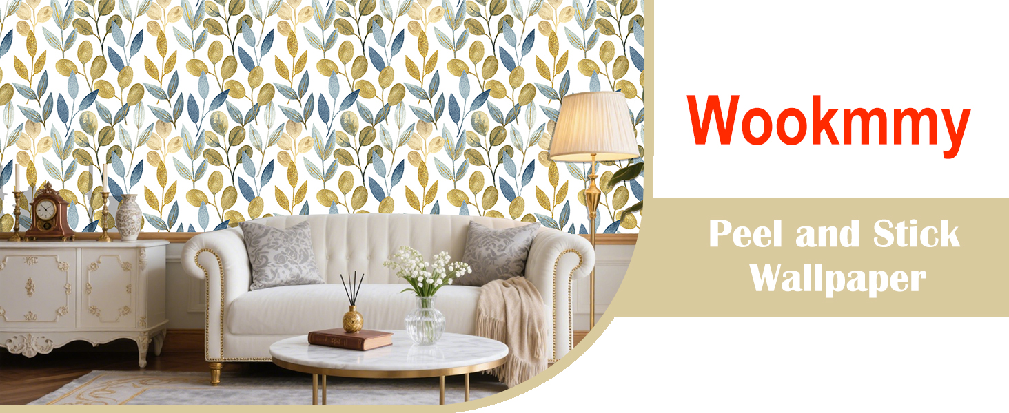 blue and gold leaf peel and stick wallpaper
