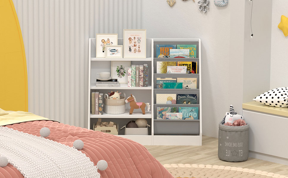 White 4 Tier Kids Wooden Bookshelf, Five Layer Sling