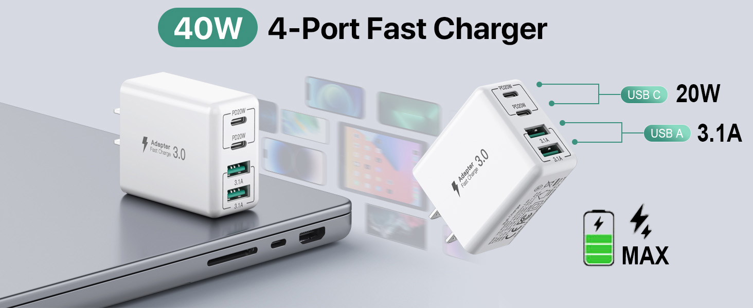 40W 4-Port USB C Charger Block