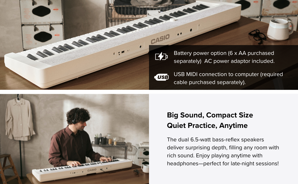 The Casio CT-S1-76 can be battery powered, and has a USB computer connection.