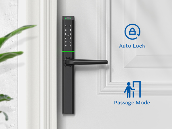 Smart door lock with digital keypad, handle, and icons indicating Auto Lock and Passage Mode features. Black finish with green accents.