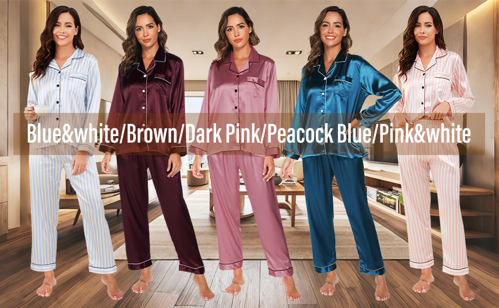 Women Silk Satin Pyjama, Women's Pyjama Sets, Loungewear Set, 2 Piece Loungewear, Button Down Ladies Pyjamas Long Sleeve Top and Pants Sleepwear for Ladies All Seasons 22 Silk Pyjamas for Women