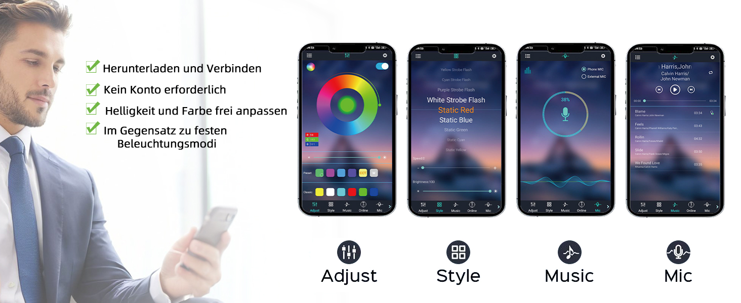Screenshots der Benutzeroberfläche der mobilen App zeigen vier verschiedene Modi: „Anpassen“, „Stil“, „Musik“ und „Mikrofon“ mit entsprechenden Benutzeroberflächenanzeigen auf Smartphone-Bildschirmen.