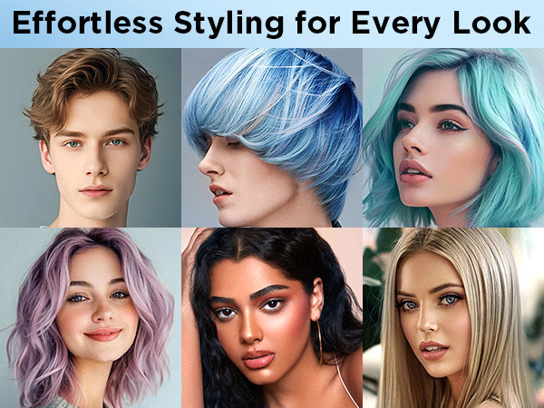 Text reads 'Effortless Styling for Every Look'. Grid of six portraits showcasing different hair colors including blue, turquoise, purple, and blonde styles.
