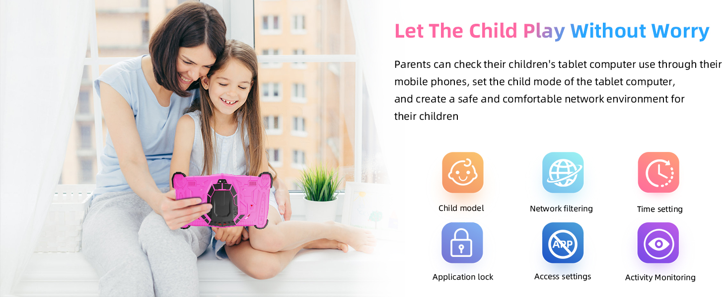 Children's tablet device with pink protective case shown with app interface featuring parental control icons and safety features.