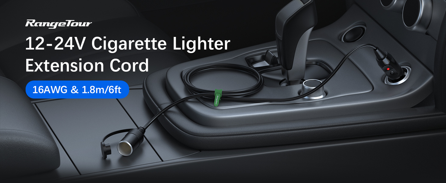 Cigarette lighter extension cord for 12-24V vehicles. Black coiled cable with male and female connectors, 1.8m/6ft length.