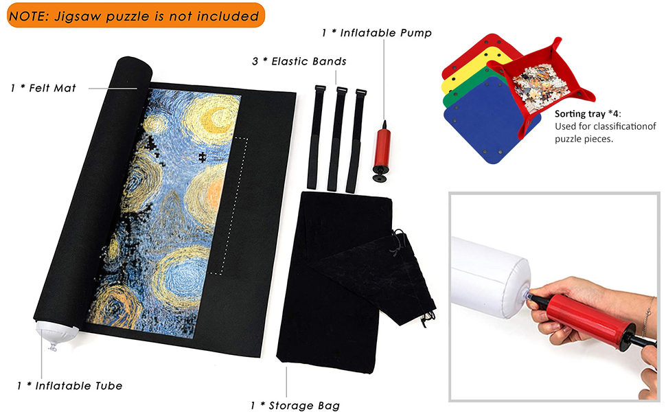 Jigsaw puzzle storage and transport kit including roll-up mat, inflatable tube, elastic bands, storage bag, and inflatable pump. Demonstrated with Starry Night puzzle design.