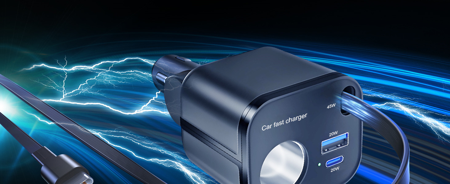 IDOLCO 3 in 1 Retractable Car Charger Adapter 145W Cigarette Lighter USB Charger, Car Phone Charger