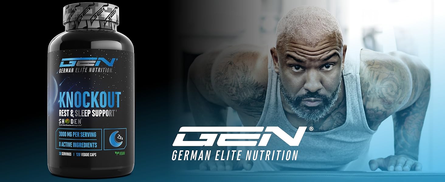 Schwarze Flasche Schlafergänzungsmittel „Knockout“ von GEN German Elite Nutrition, mit blauem Etikett. Der Hintergrund zeigt einen muskulösen Mann in Trainingspose