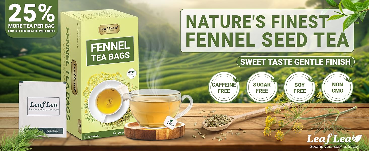 Fennel seed tea bags, sweet fennel tea, caffeine free fennel tea, sugar free herbal fennel tea