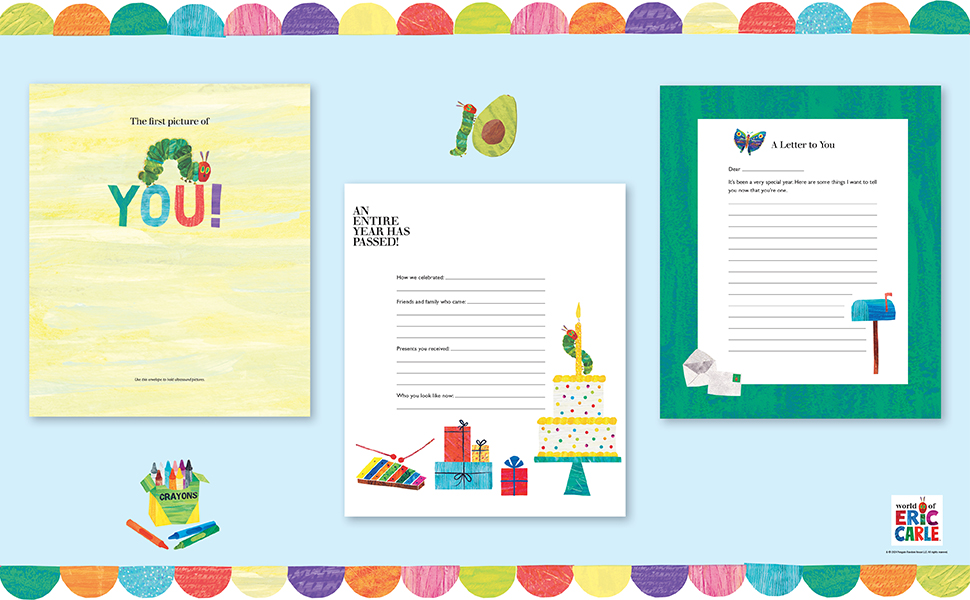 3 sample pages from The Very Special Baby Book on a blue background. 