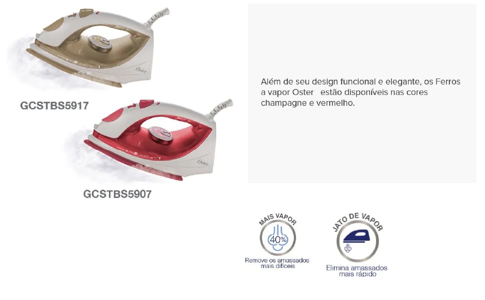 Ferro de Passar a Vapor Oster Antiaderente, 110V, Champagne/Branco