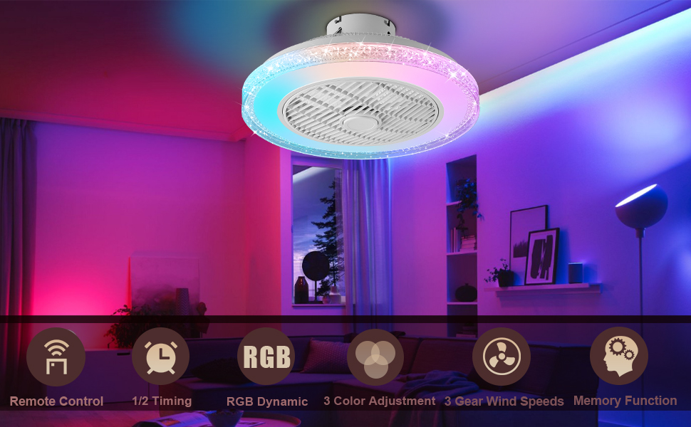 RGB Ceiling Fans with Lights and Remote 18in 72W White Starry Sky
