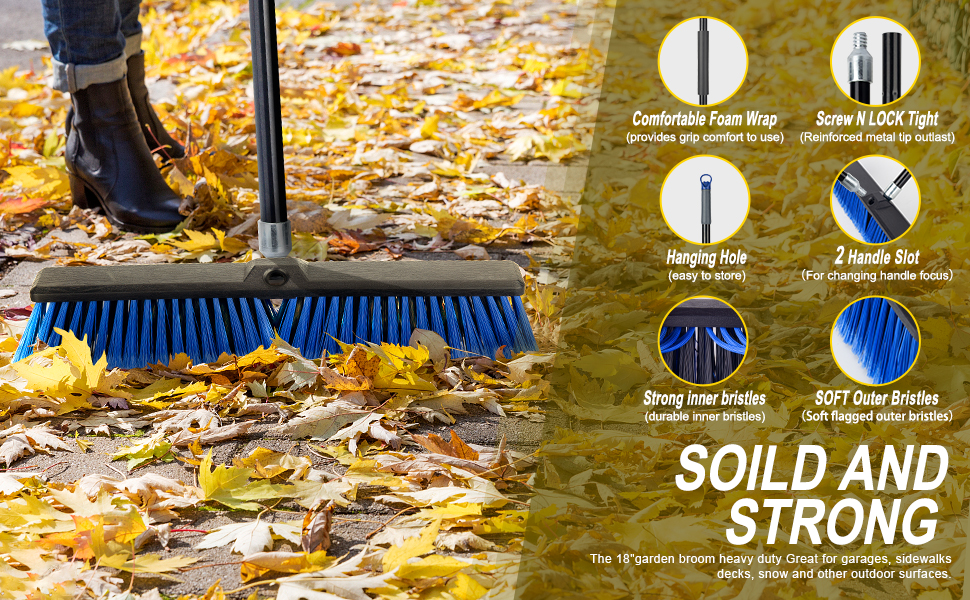 Garden Broom Outdoor Heavy Duty,163cmTelescopic Long Handle with 18