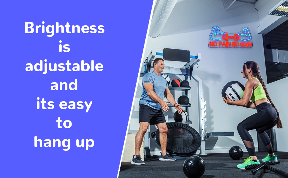 Indoor gym setting with exercise equipment and text overlay stating 'Brightness is adjustable and its easy to hang up'