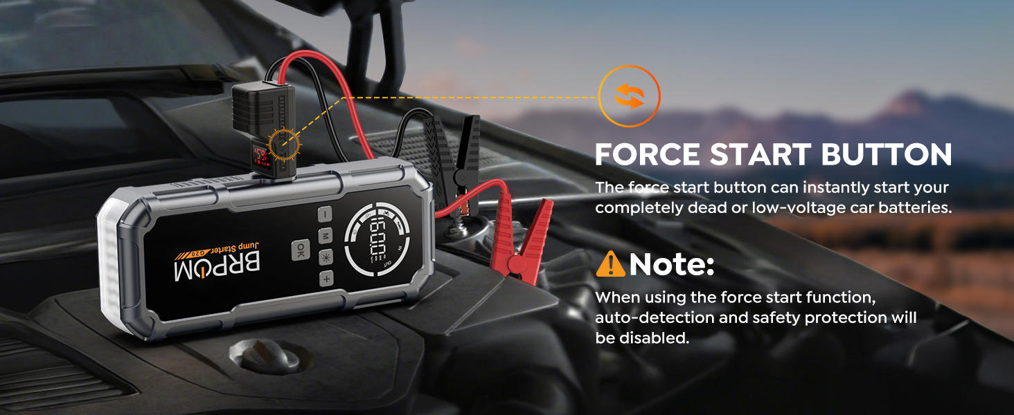 Text reads 'FORCE START BUTTON'. Close-up of vehicle dashboard showing electronic interface with button configuration.