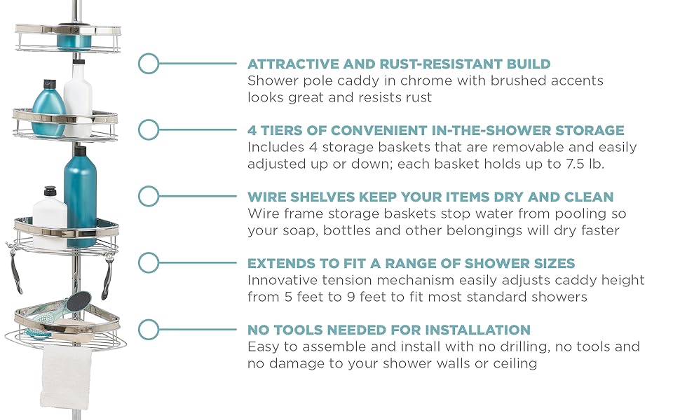 Zenna Home 2162NSL Pole Shower Caddy, Chrome Home & Kitchen