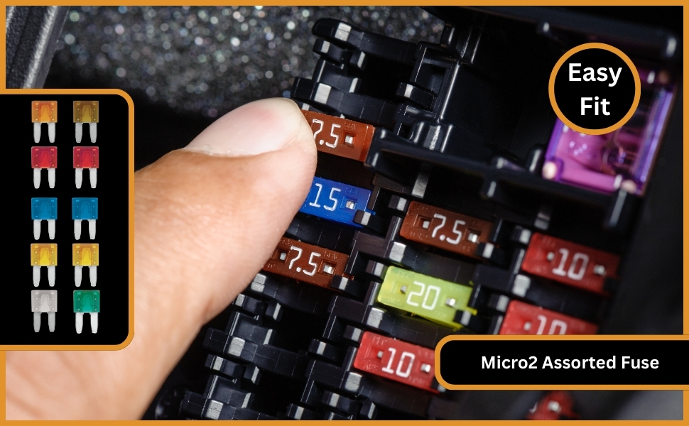 Close-up of a hand inserting a colorful automotive fuse into a fuse box. Various colored fuses with amperage ratings visible. Inset shows assorted fuse colors.