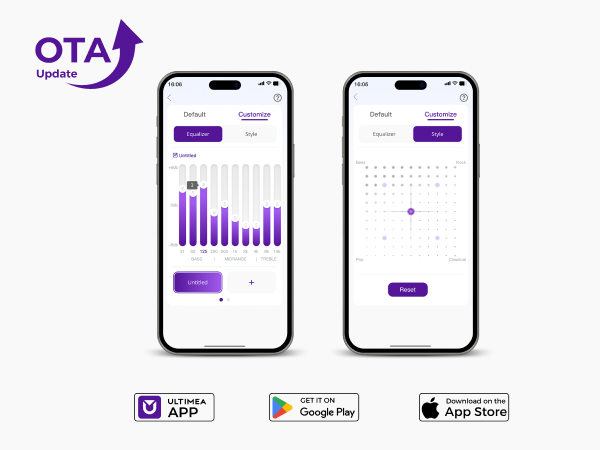 Mockups der mobilen App-Oberfläche mit lila und weißen Bildschirmen mit verschiedenen Benutzeroberflächenelementen und App Store-Download-Schaltflächen für mehrere Plattformen.