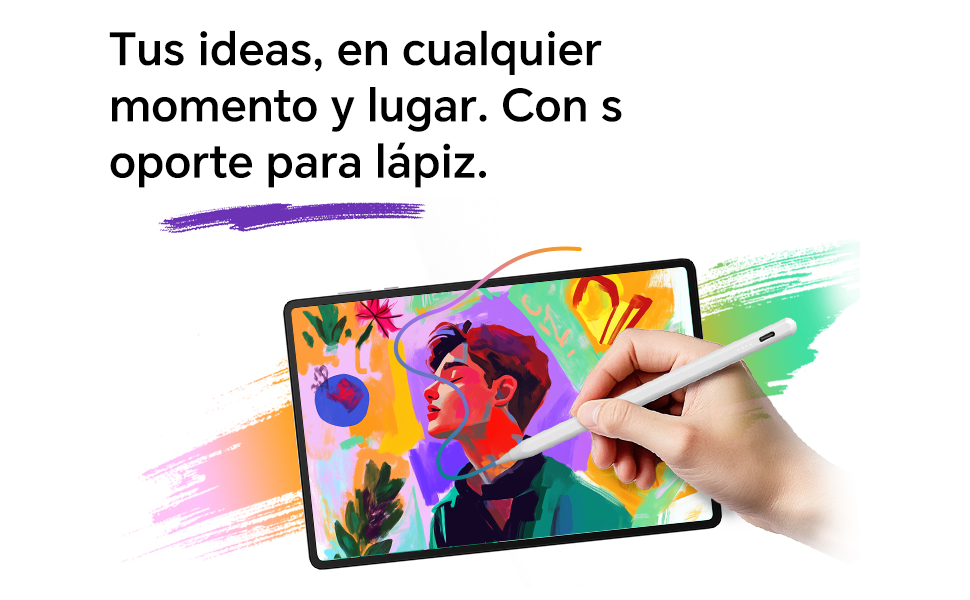 de creación de arte digital en tableta con lápiz óptico, que muestra coloridas obras de arte y texto en español sobre cómo capturar ideas en cualquier lugar
