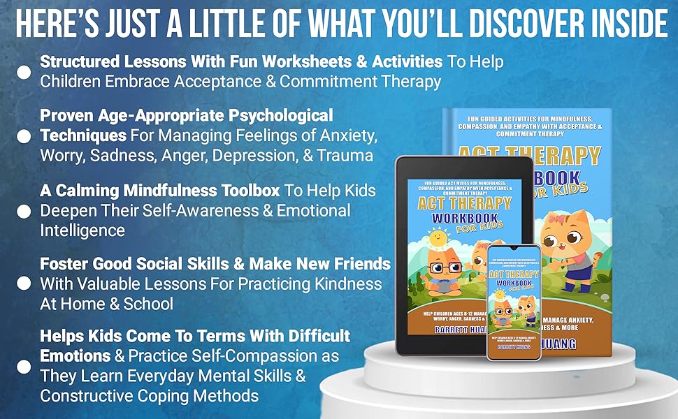 The ACT Therapy for Kids book is displayed in various formats with the key features highlighted.