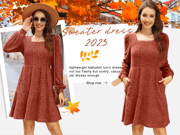 SAMPEEL Womens Square Neck Dresses Elastic Waist Cable Knit