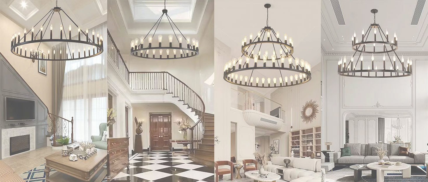 WOGON WEEL Wagon Wheel Chandelier 48Inch 24Light, Black and Oak Wood