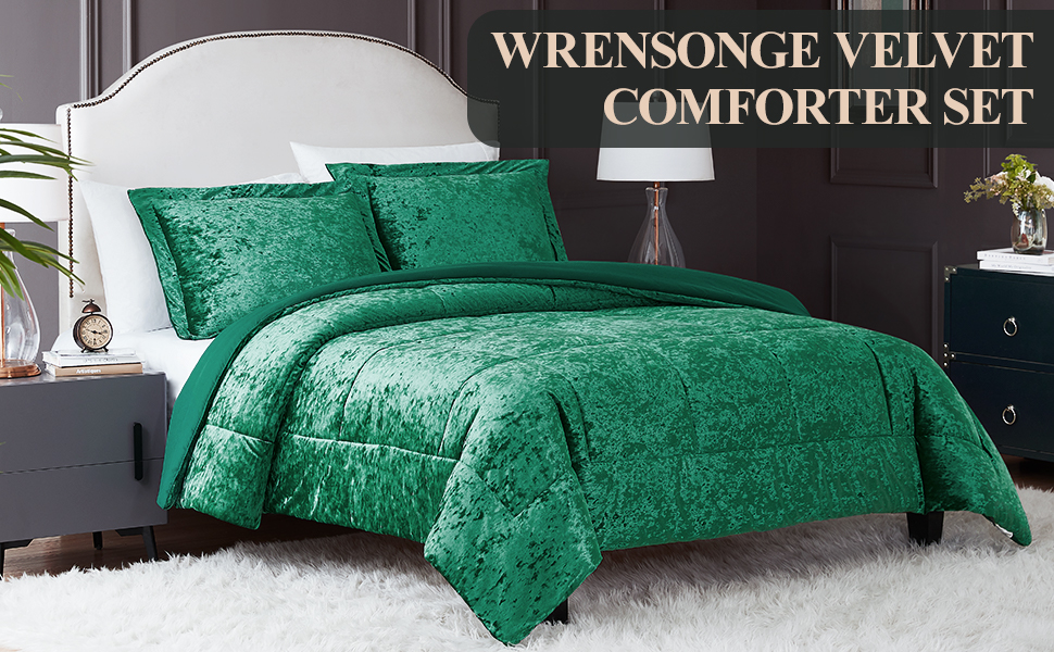 WRENSONGE Velvet Comforter Set, 3 Piece Green Luxury
