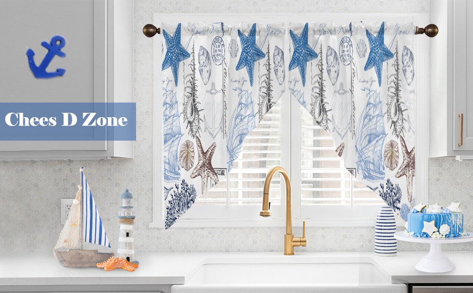 Nautical Swag Curtains,Starfish Shell Coral Kitchen