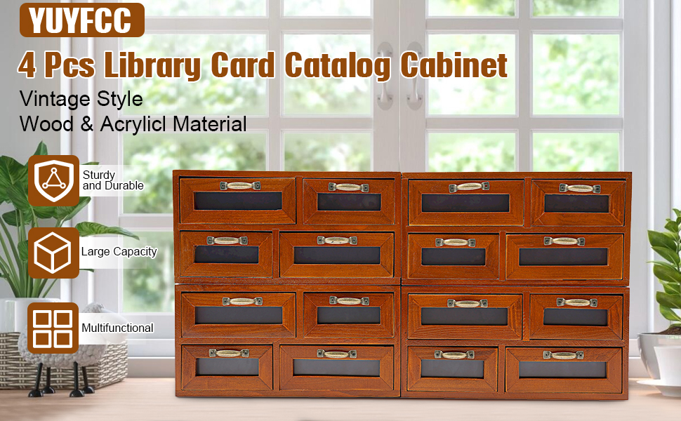 4 Pcs Library Card Catalog with 4 Drawers Vintage