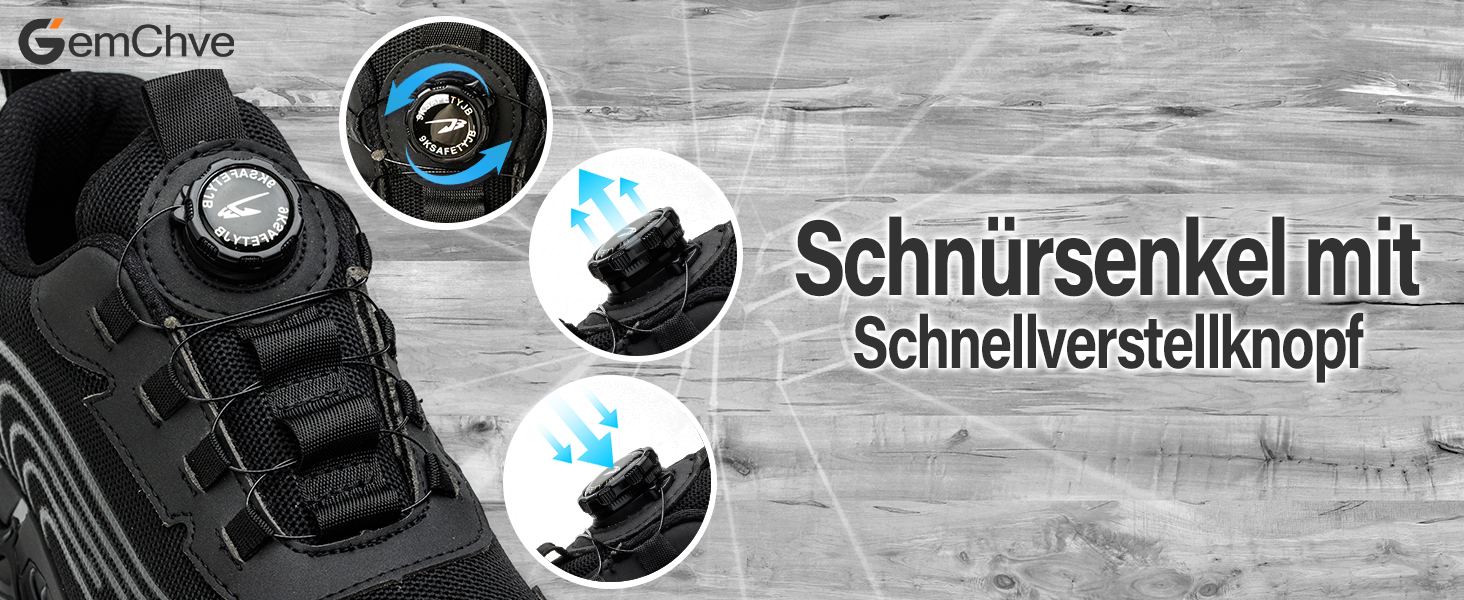 Schnellschnürsystem für Schuhe mit schwarzen Schnürsenkeln mit schnell einstellbarem Knopfmechanismus. Der deutsche Text weist auf einen Schnellverschluss der Schnürsenkel hin