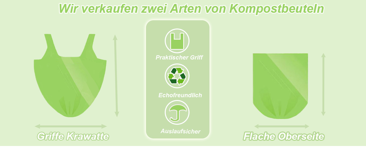 Grüne Infografik, die zwei Arten von kompostierbaren Beuteln mit Recycling-Symbolen und -Symbolen zeigt. Text in deutscher Sprache, der Beutelsorten beschreibt