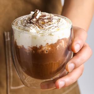 Dyserbuy 4 Pack Double Walled Glass Mug, Cappuccino Drinking Cups, Insulated Glass Coffee Cup with Handle, Perfect for Cappuccino, Latte, Espresso, Tea, Juice, Beverage (250ml/ 8.5oz) 19 Set of 4 Clear Glass Coffee Cups with Handle